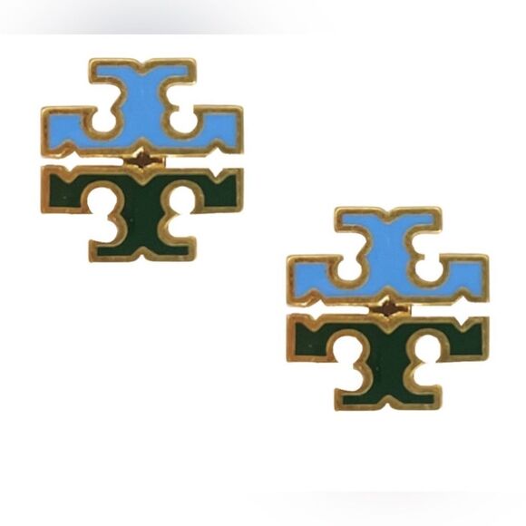 Tory Burch Gold Forest Green & Blue enamel earrings-NEW - Picture 1 of 6